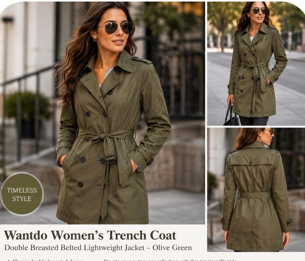 Wantdo Women's Olive Green Belted Double-Breasted Trench Coat